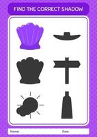 Find the correct shadows game with shells. worksheet for preschool kids, kids activity sheet vector