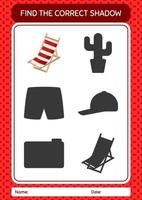 Find the correct shadows game with beach bench. worksheet for preschool kids, kids activity sheet vector