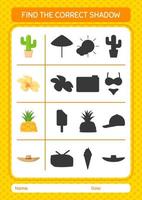 Find the correct shadows game with summer icon. worksheet for preschool kids, kids activity sheet vector