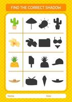 encuentra el juego de sombras correcto con el icono de verano. hoja de trabajo para niños en edad preescolar, hoja de actividades para niños vector