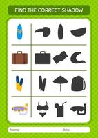 Find the correct shadows game with summer icon. worksheet for preschool kids, kids activity sheet vector