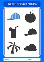 Find the correct shadows game with cap. worksheet for preschool kids, kids activity sheet vector
