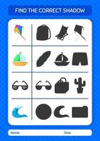 Find the correct shadows game with summer icon. worksheet for preschool kids, kids activity sheet vector