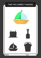 Find the correct shadows game with sailing boat. worksheet for preschool kids, kids activity sheet vector