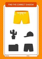Find the correct shadows game with beach short. worksheet for preschool kids, kids activity sheet vector