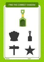 Find the correct shadows game with sand shovel. worksheet for preschool kids, kids activity sheet vector