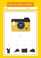 Find the correct shadows game with camera. worksheet for preschool kids, kids activity sheet vector