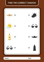 Find the correct shadows game with summer icon. worksheet for preschool kids, kids activity sheet vector