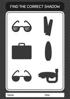 Find the correct shadows game with sunglasses. worksheet for preschool kids, kids activity sheet vector