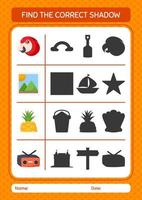 Find the correct shadows game with summer icon. worksheet for preschool kids, kids activity sheet vector