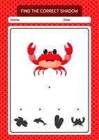 Find the correct shadows game with crab. worksheet for preschool kids, kids activity sheet vector