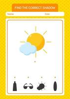 Find the correct shadows game with sun. worksheet for preschool kids, kids activity sheet vector