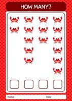 How many counting game with crab. worksheet for preschool kids, kids activity sheet vector