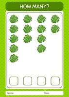 How many counting game with monstera leaf. worksheet for preschool kids, kids activity sheet vector