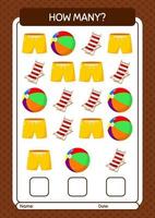 How many counting game with summer icon. worksheet for preschool kids, kids activity sheet vector