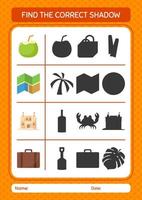 Find the correct shadows game with summer icon. worksheet for preschool kids, kids activity sheet vector