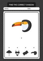 Find the correct shadows game with toucan. worksheet for preschool kids, kids activity sheet vector