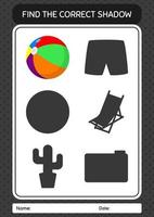 Find the correct shadows game with beach ball. worksheet for preschool kids, kids activity sheet vector