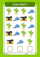 How many counting game with summer icon. worksheet for preschool kids, kids activity sheet vector