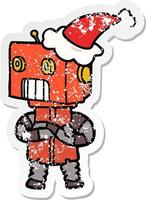 distressed sticker cartoon of a robot wearing santa hat vector