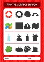 Find the correct shadows game with summer icon. worksheet for preschool kids, kids activity sheet vector