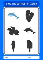 Find the correct shadows game with dolphin. worksheet for preschool kids, kids activity sheet vector