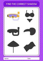 Find the correct shadows game with swimming goggles. worksheet for preschool kids, kids activity sheet vector