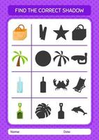 Find the correct shadows game with summer icon. worksheet for preschool kids, kids activity sheet vector