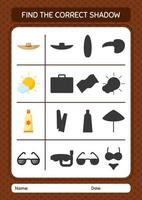 Find the correct shadows game with summer icon. worksheet for preschool kids, kids activity sheet vector