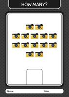 How many counting game with camera. worksheet for preschool kids, kids activity sheet vector