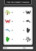 Find the correct shadows game with summer icon. worksheet for preschool kids, kids activity sheet vector