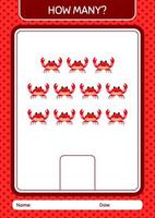 How many counting game with crab. worksheet for preschool kids, kids activity sheet vector