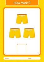 How many counting game with beach short. worksheet for preschool kids, kids activity sheet vector