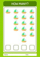 How many counting game with sailing boat. worksheet for preschool kids, kids activity sheet vector