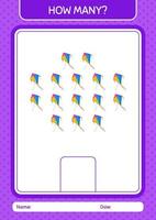 How many counting game with kite. worksheet for preschool kids, kids activity sheet vector