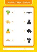 Find the correct shadows game with summer icon. worksheet for preschool kids, kids activity sheet vector