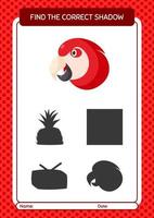 Find the correct shadows game with parrot. worksheet for preschool kids, kids activity sheet vector