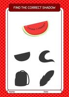 Find the correct shadows game with watermelon. worksheet for preschool kids, kids activity sheet vector