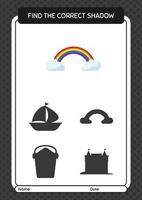 Find the correct shadows game with rainbow. worksheet for preschool kids, kids activity sheet vector