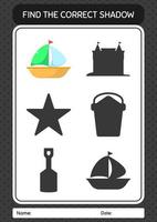 Find the correct shadows game with sailing boat. worksheet for preschool kids, kids activity sheet vector