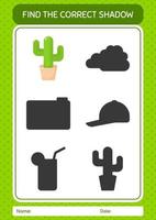 Find the correct shadows game with cactus. worksheet for preschool kids, kids activity sheet vector