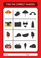 Find the correct shadows game with summer icon. worksheet for preschool kids, kids activity sheet vector