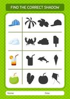 Find the correct shadows game with summer icon. worksheet for preschool kids, kids activity sheet vector
