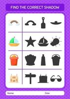 Find the correct shadows game with summer icon. worksheet for preschool kids, kids activity sheet vector