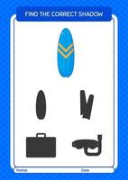 Find the correct shadows game with surfboard. worksheet for preschool kids, kids activity sheet vector