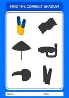 Find the correct shadows game with swimming fins. worksheet for preschool kids, kids activity sheet vector