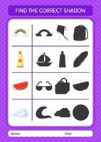 Find the correct shadows game with summer icon. worksheet for preschool kids, kids activity sheet vector