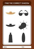 Find the correct shadows game with straw hat. worksheet for preschool kids, kids activity sheet vector