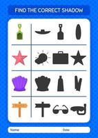 Find the correct shadows game with summer icon. worksheet for preschool kids, kids activity sheet vector