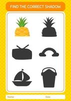 Find the correct shadows game with pineapple. worksheet for preschool kids, kids activity sheet vector